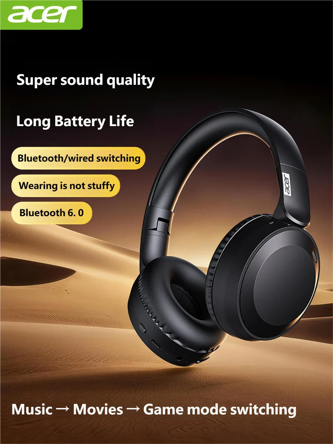 Acer OHR205 Auriculares inalámbricos Bluetooth 6,0, auriculares plegables para juegos, auriculares deportivos para música, conector de 3,5mm Original