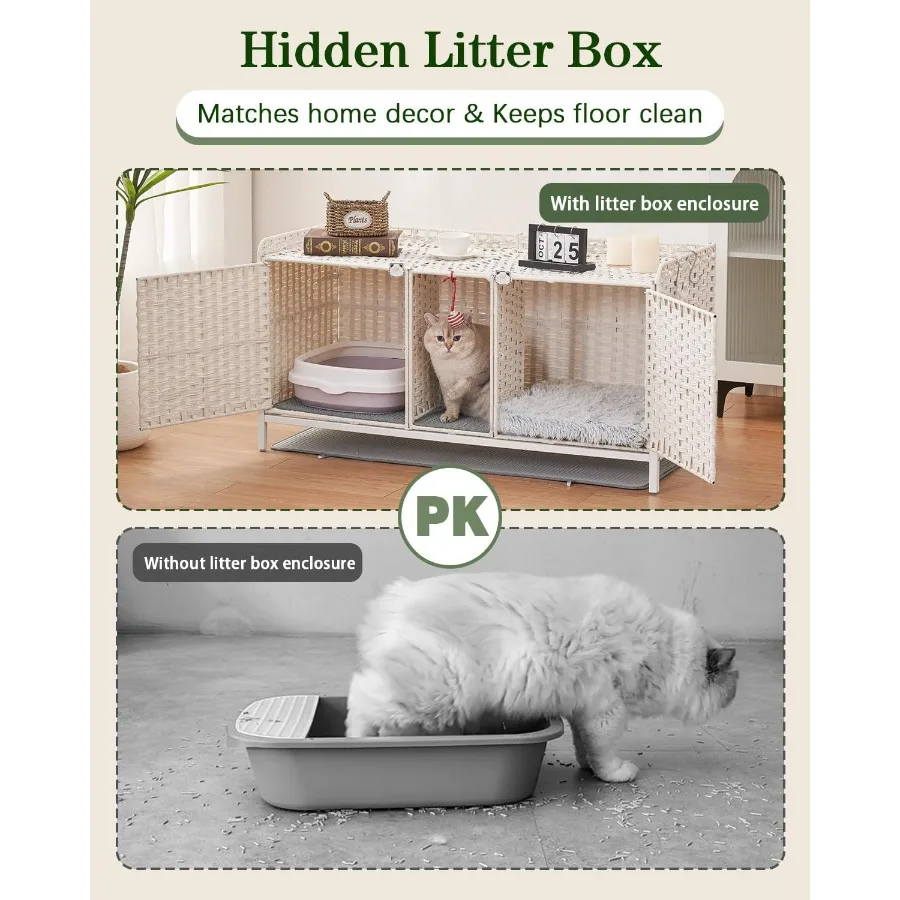 علبة نفايات كبيرة للقطط من الروطان لقطتين بتصميم مخفي وغرفة مزدوجة وباب 47.3 لتر × 19.7 عرض × 24 ساعة تتضمن حصيرة و