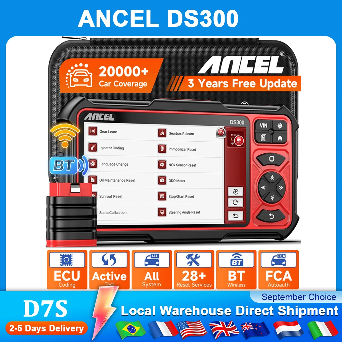 Herramienta de diagnóstico automotriz de sistema completo, escáner bidireccional OBD2, codificación FCA ECU, reaprendizaje, prueba activa FCA, más de 30 reinicias, ANCEL DS300