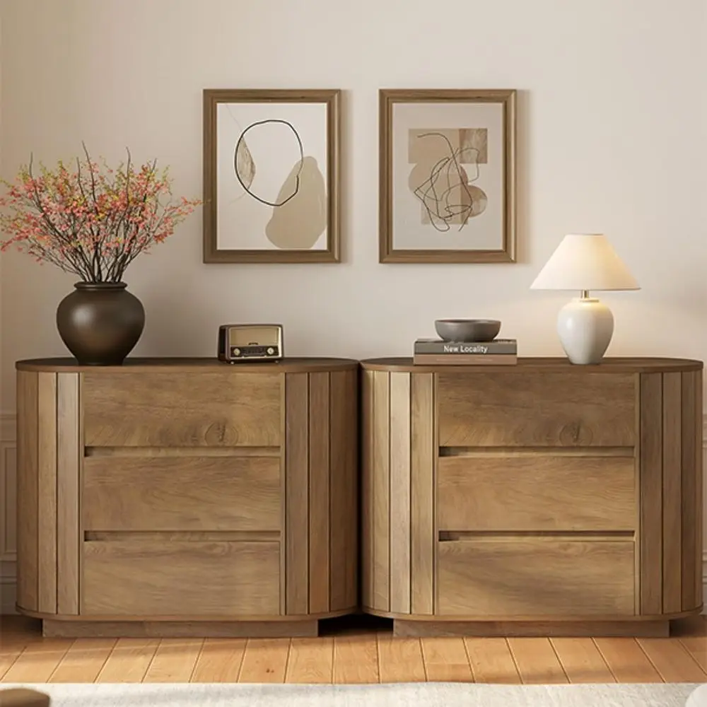 

35 Wide Oak Slatted Side Nightstand Set for Bedroom or Entryway