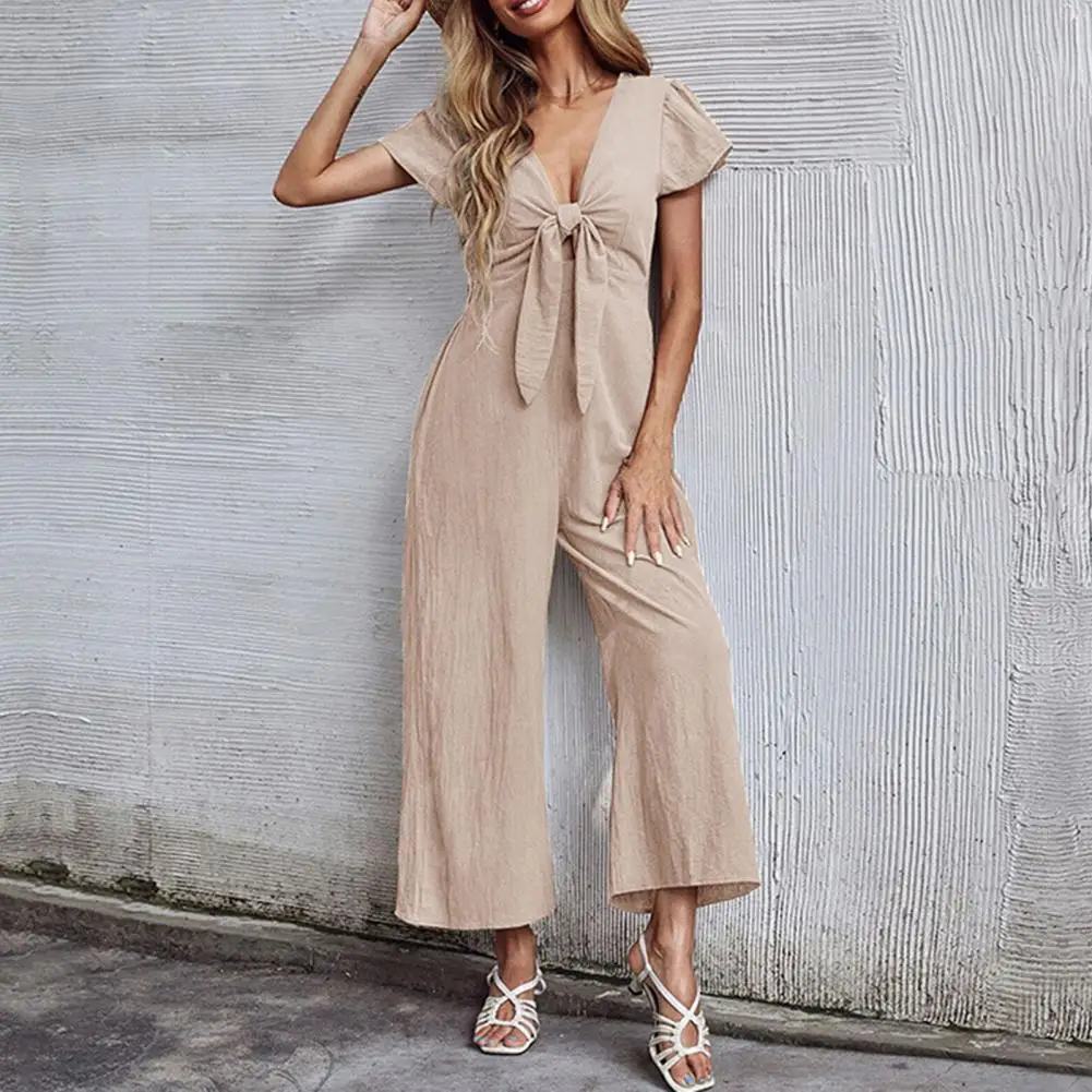 

Anti-wrinkle Jumpsuit Stylish Women's Summer Jumpsuits V-neck Lace-up Romper Wide Leg Streetwear Casual Short Sleeve for Her