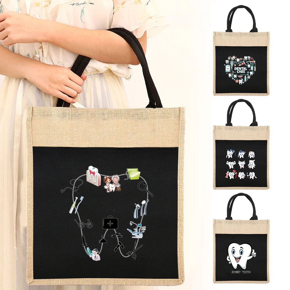 

Shopping Bag Linen Shopping Bag Reusable Women's Tote Grocery Shopping Bags Teeth Pattern Print Convenient Picnic Supermarket