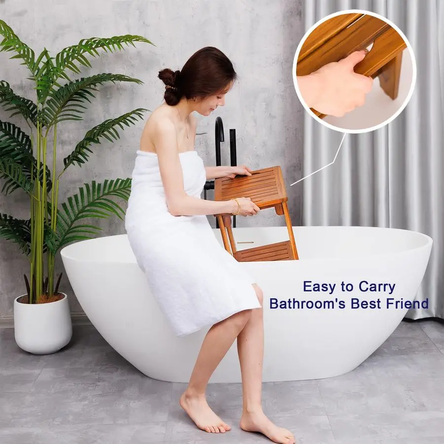 مقعد دش مدمج من خشب الساج مع مقبض رف ومقاوم للماء، مقعد حمام غير قابل للانزلاق للاستخدام الخارجي في الحمامات الصغيرة، سعة 300 رطل