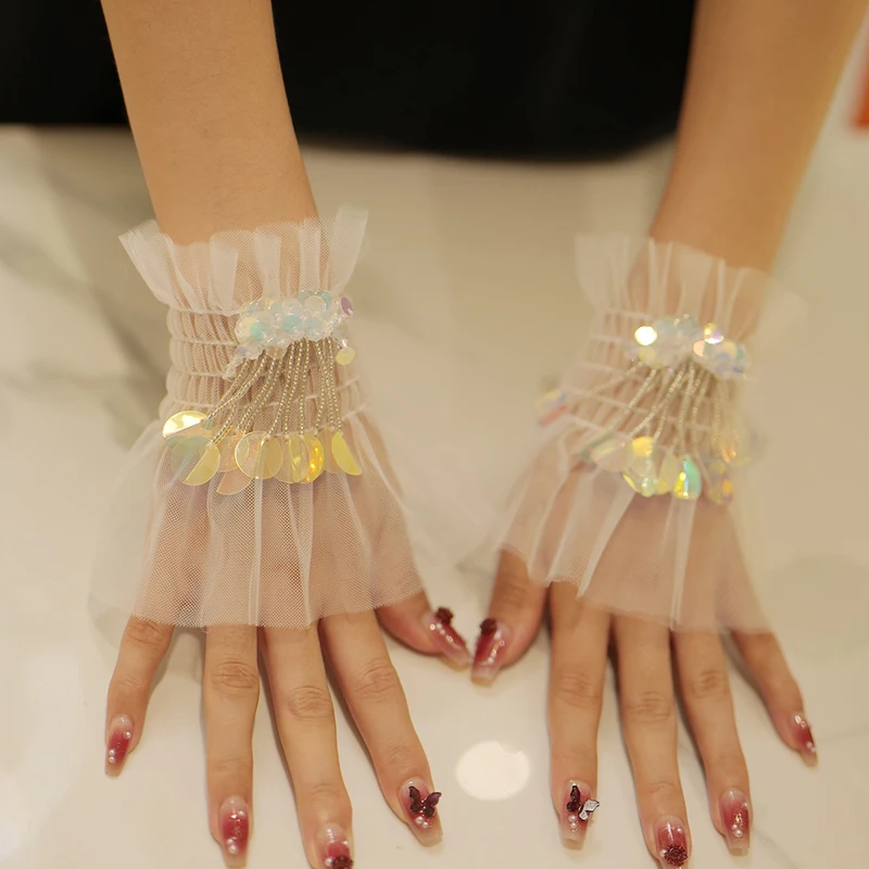 Beaded Fringe Manicure Sleeve For Nail Art Lace Fake Pleated Cuff Manicure Photography Props Fake Sleeves Nails Accessories