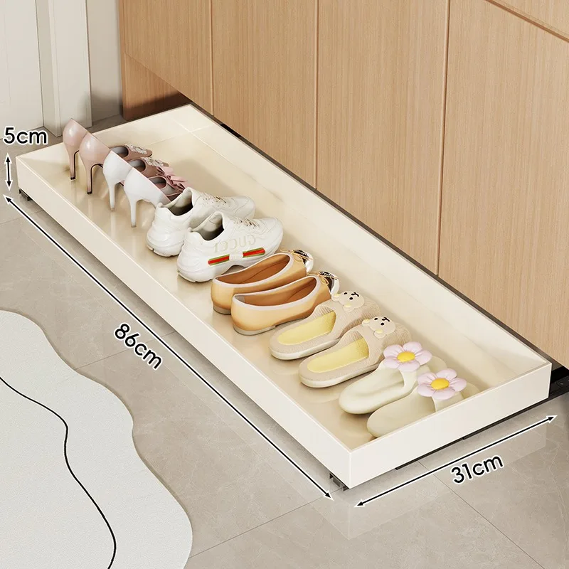 Pull Out Shoe Rack with Wheels, Under Cabinet Hidden Shoe Storage Tray, Ultra Thin Low Profile Floor Organizer for Entryway