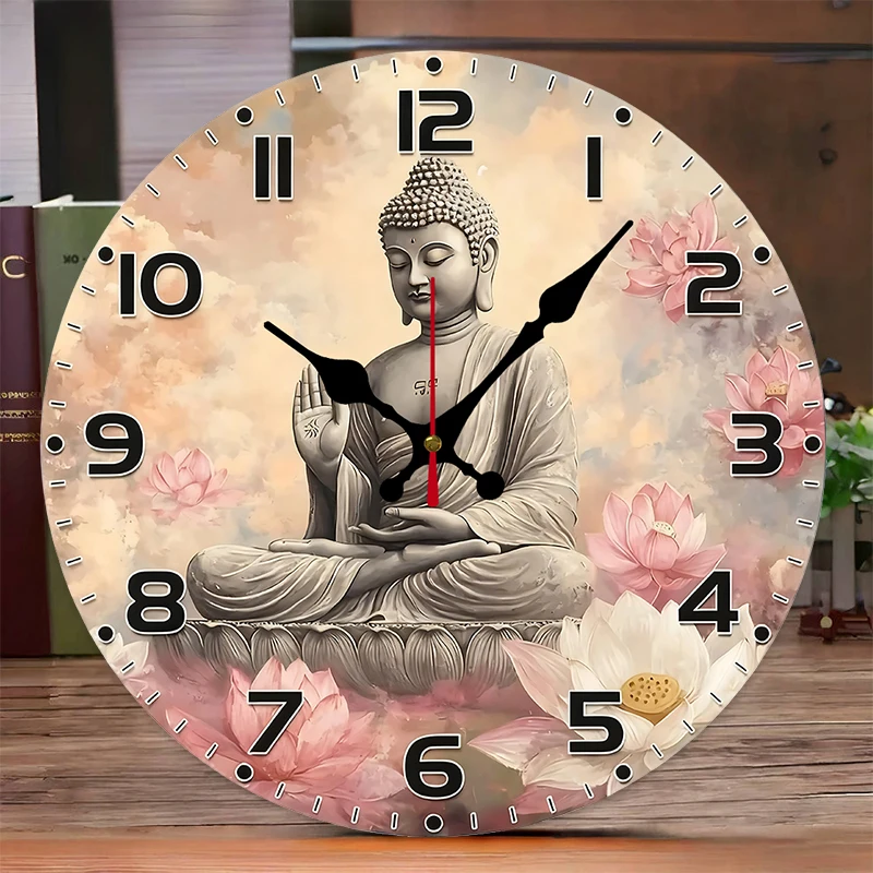 Serene Buddha Wooden Round Silent Hanging Wall Clock, Suitable For Living Room, Office, Study Room, Bedroom, Home Decoration
