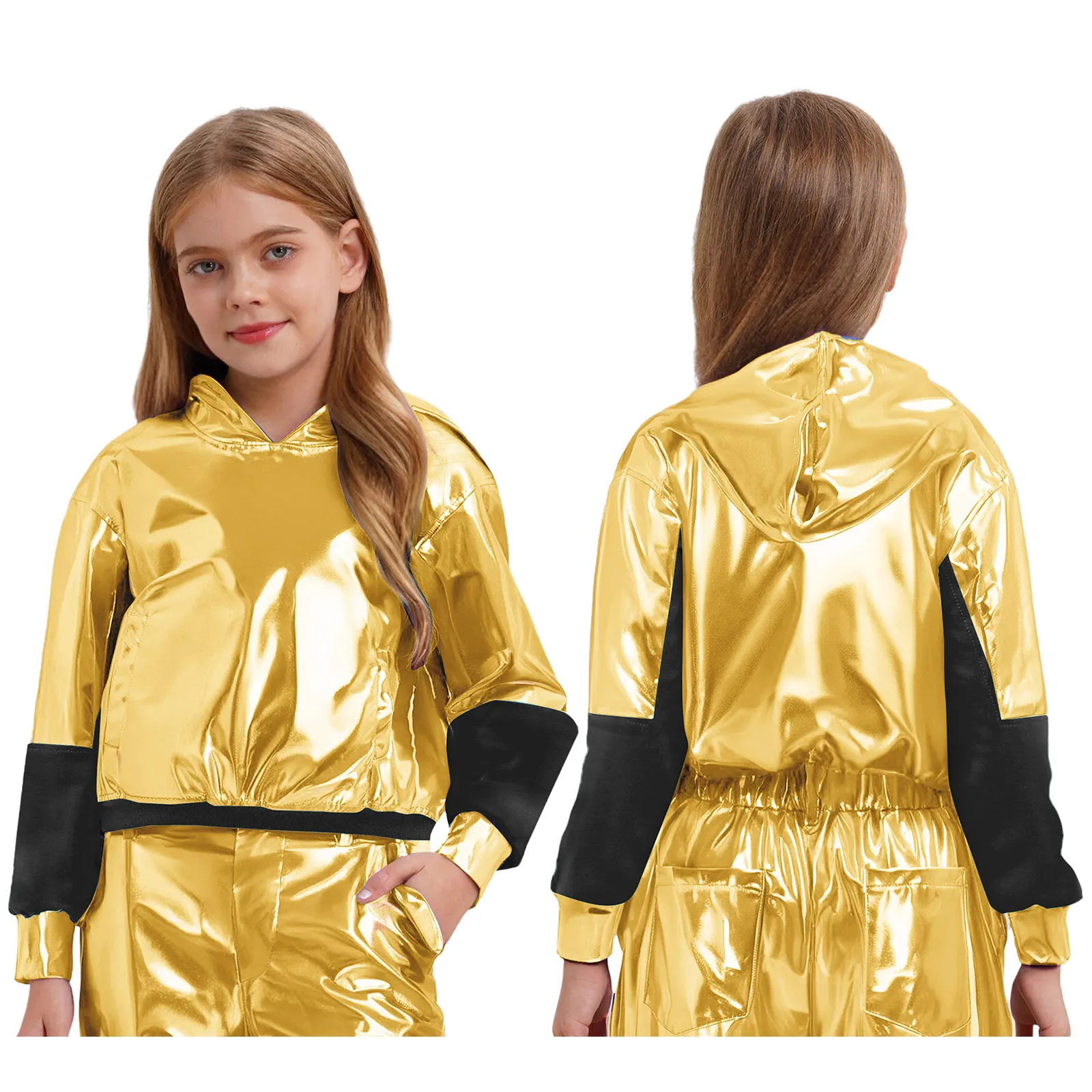 Moletom respirável para performance de dança, moletom metálico brilhante para meninos e meninas para jazz hiphop street disco dance wear