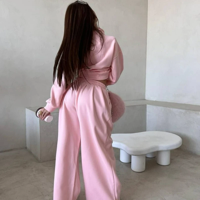 Herbst Neue Schwere Industrie Bestickt Halb-reißverschluss Langarm Top Breite bein Hosen Zwei-stück Set für frauen Temperament