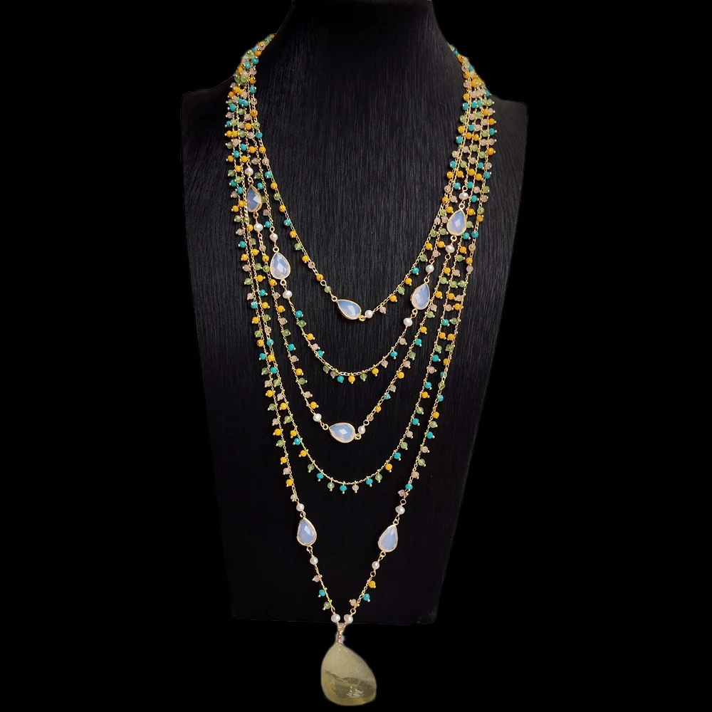 

KKGEM Teardrop Lemon Quartz Pendant 5 Strands Green Yellow Crystal Rosary Chain Layers Necklace