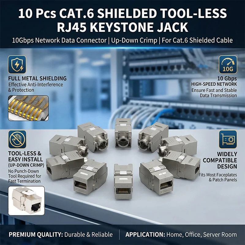 

CAT.6 Shielded Tool-less RJ45 Keystone Jack, No Punch Down Up-Down Crimp, 10Gbps Network Data Connector for Cat.6 Shielded Cable