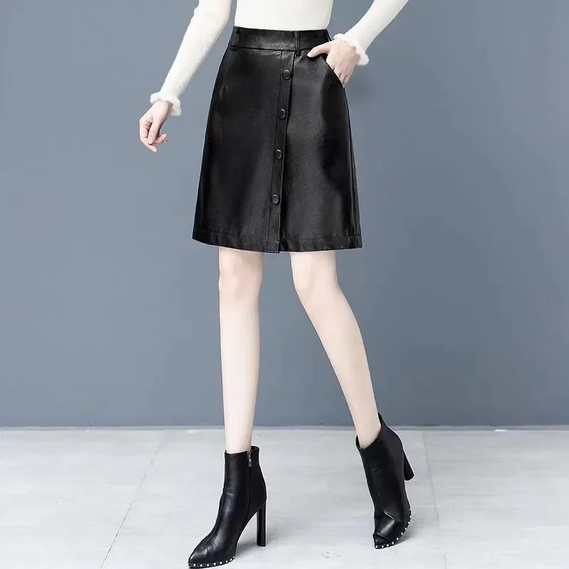 Pu Leather Women Winter Skirt Autumn Winter 2025 New High Waist Outside Wearing Boot Pants Broad Leg Fake Two-piece Set Fashion