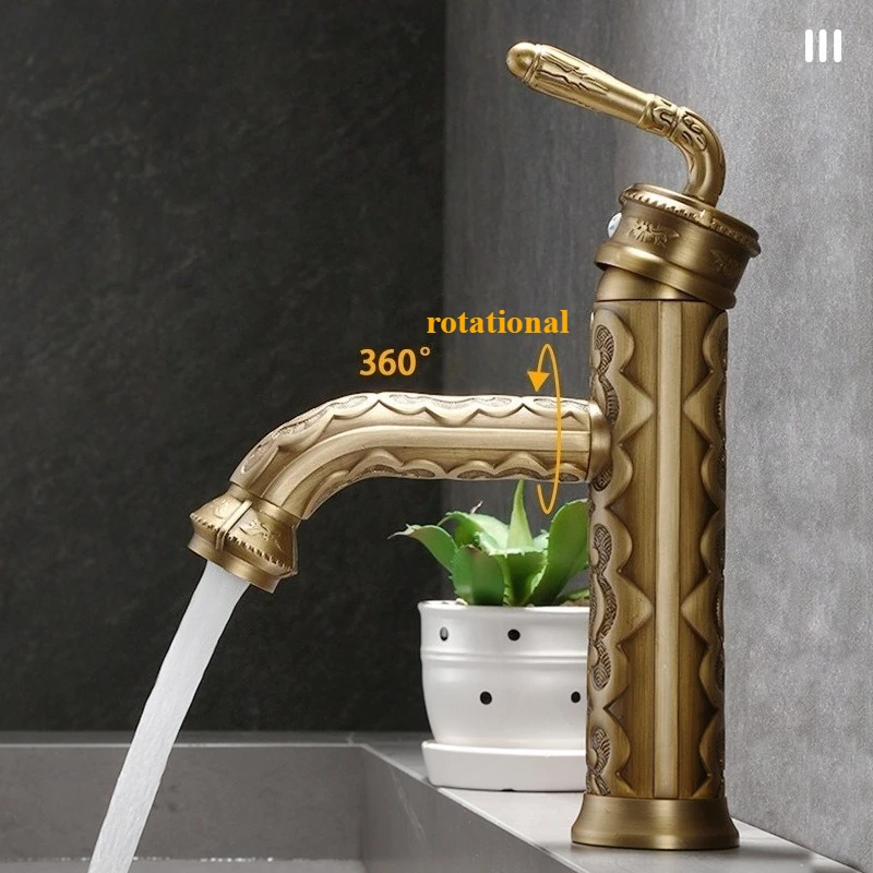 

Смесители для раковины из твердой латуни, винтажная резьба, антикварный смеситель для ванной комнаты с одной ручкой, поворотный излив на 360 градусов, горячая и холодная вода