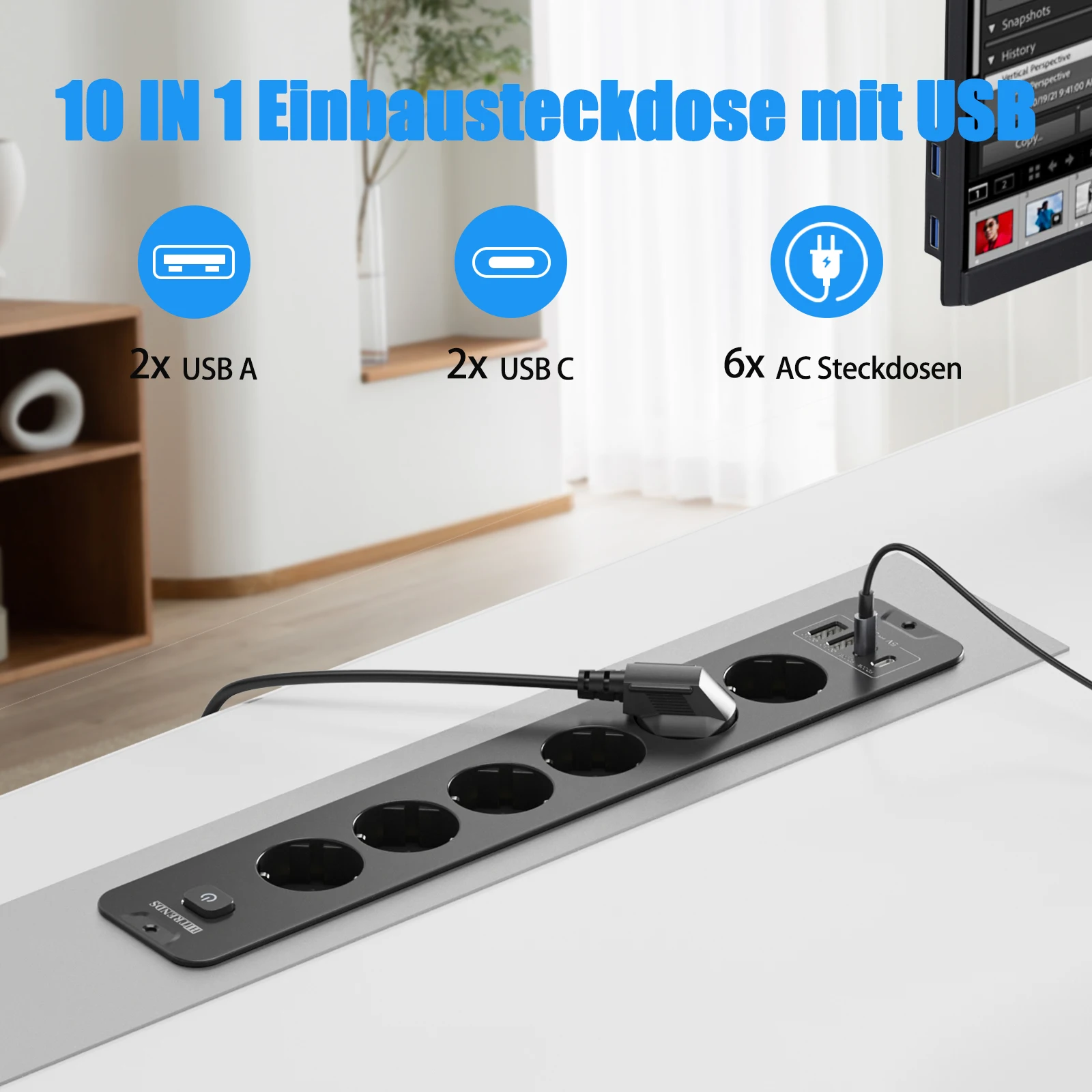 EU Desktop Recessed Outlet with USB, 6 Power socket with 2m Extension Cable, multiple plugs socket adapter for furniture home
