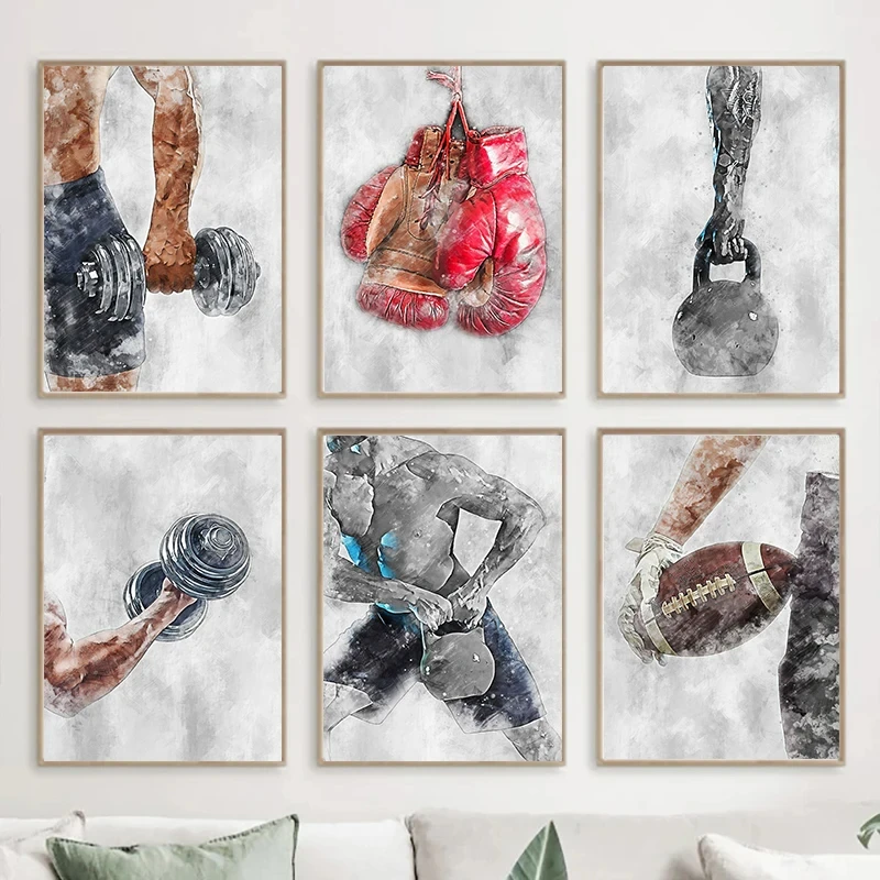 Póster de fútbol americano abstracto, pintura al óleo, guantes de boxeo, levantamiento de pesas, deportes, gimnasio, decoración del hogar, pintura de pared