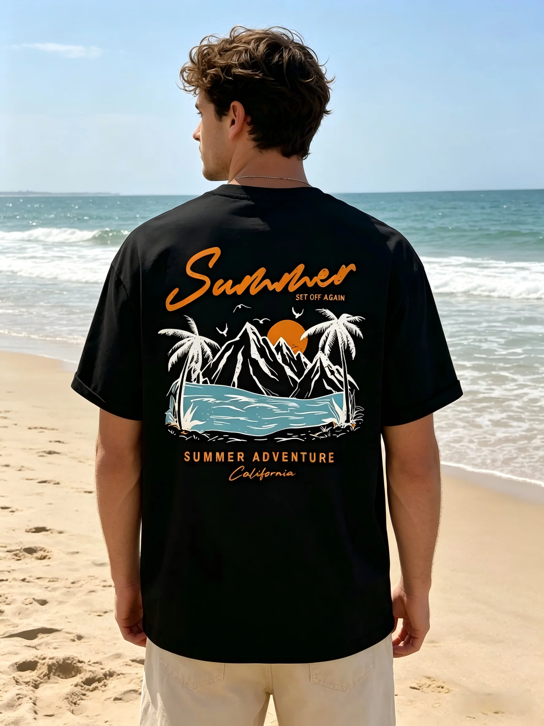 European and American men's summer new beach sunset scenery print soft and breathable round neck T-shirt outdoor casual top