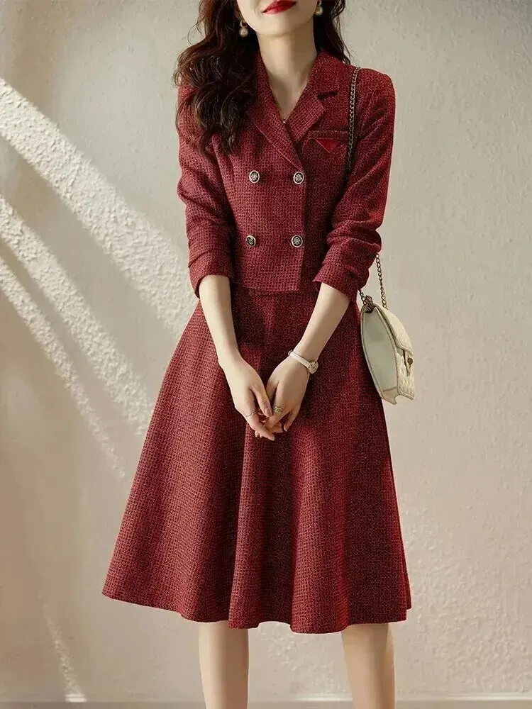 Women's Plaid Midi A Line Skirt Suits, Short Jacket, Coat, Elegant, Vintage, Office, Ladies, Fashion, Autumn, Winter, 2 Pcs Set