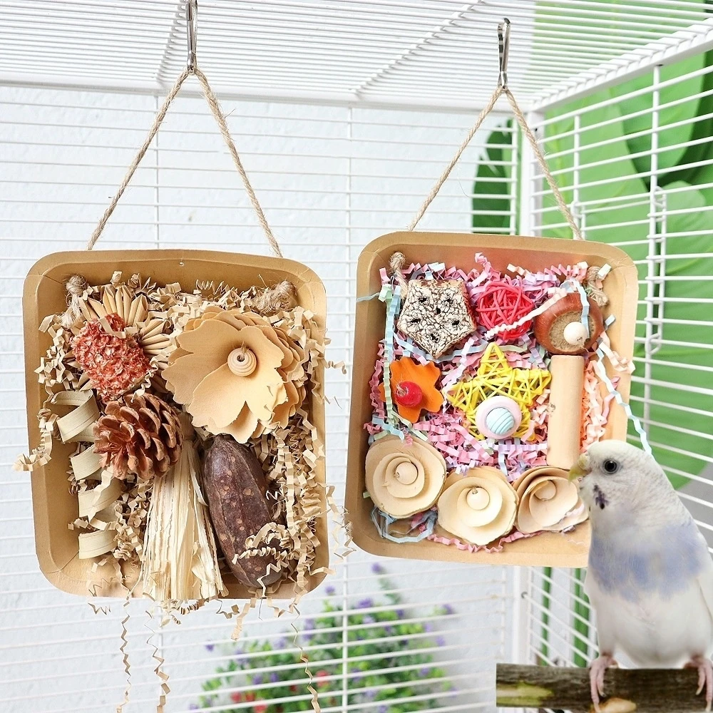 

Foraging Bird Toys Parrot Chew Toys Set with Pine Cone & Paper Shreds Hanging Cage Foraging Toys for Small Birds
