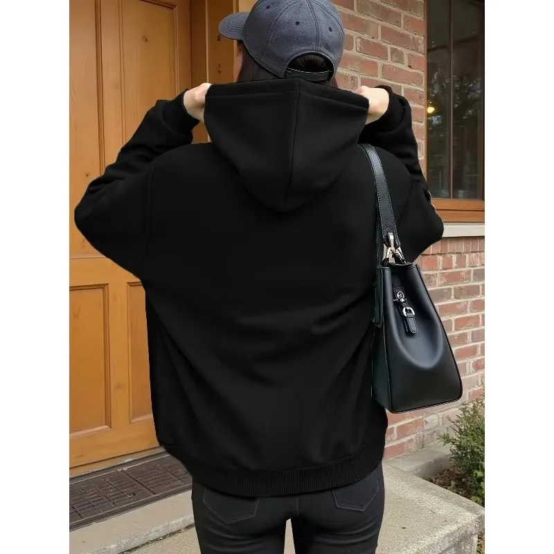 Damen-Fleecejacke mit Kapuze und Reißverschluss für Frühling, Herbst und Winter, Lockerer Reißverschluss-Stil für einen Trendigen Street-Look – Detail 5