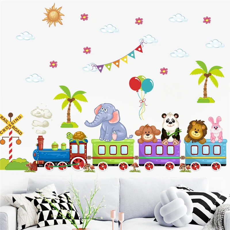 Funny Lion Rabbit Dog Animal ByTrain Wall Stickers For Kids Room Decoration Traffic Mural Art Cartoon Diy Home Decal Pvc Poster