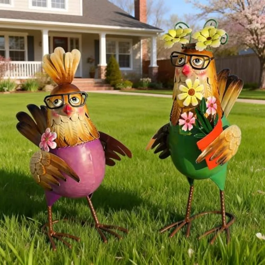 

Metal Rooster and Hen Outdoor Statues Home Decor Hand-Painted Chicken Sculptures with Flower for Home Patio Lawn Backyard Farmh