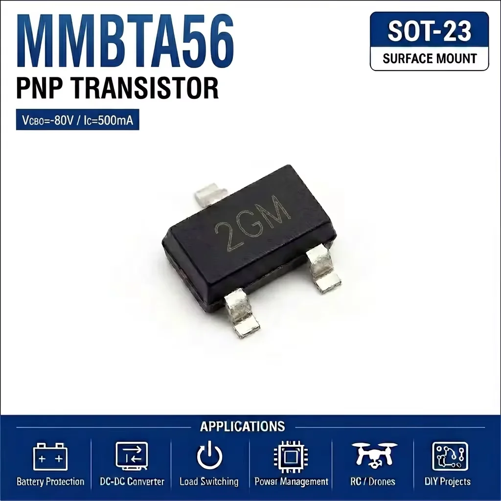 (100 pcs) MMBTA56 SOT-23 (Marking 2GM) - PNP Transistor 80V 500mA 100MHz