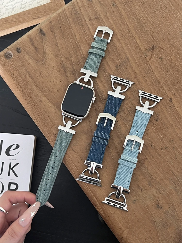 

Korean Metal Denim Leather Band For Apple Watch 8 7 SE 6 5 4 3 Lady Blue Bracelet Strap For iwatch Ultra 49mm 41mm 45mm 44 40mm