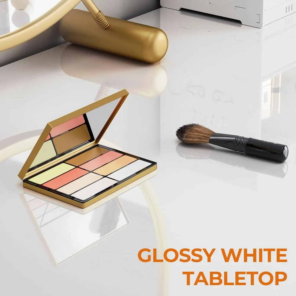 مكتب زينة GreenForest باللون الأبيض اللامع بدرجين لغرفة النوم والمكياج، مكتب منزلي مدمج ومساحة تخزين