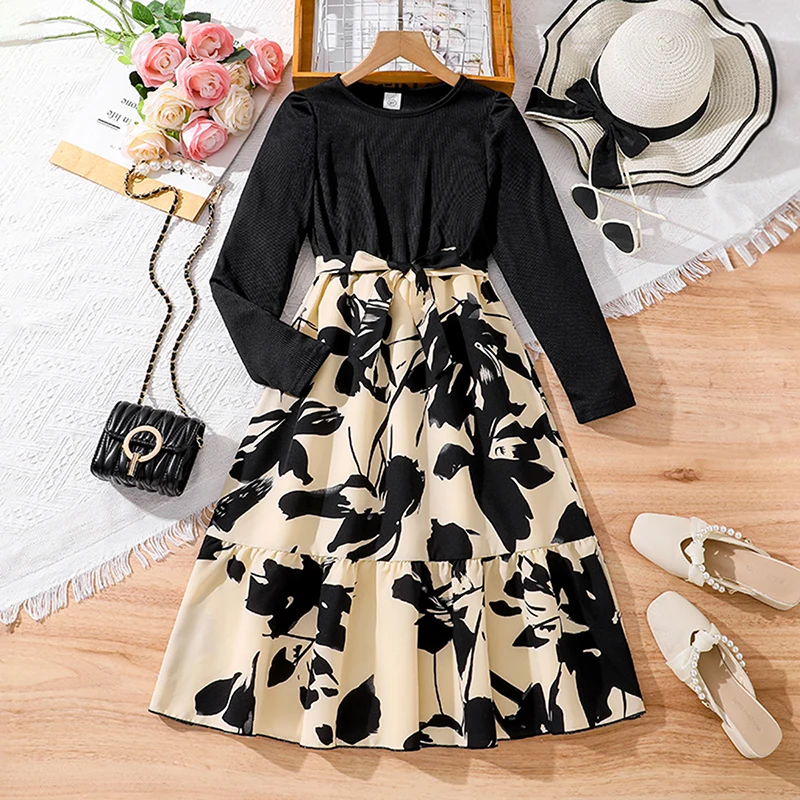 Kid Girl Long Sleeve Dress Black Round Neck Patchwork Ink Painting Dress 8-12 Years Elegant Vintage Casual Kids Autumn Dresses