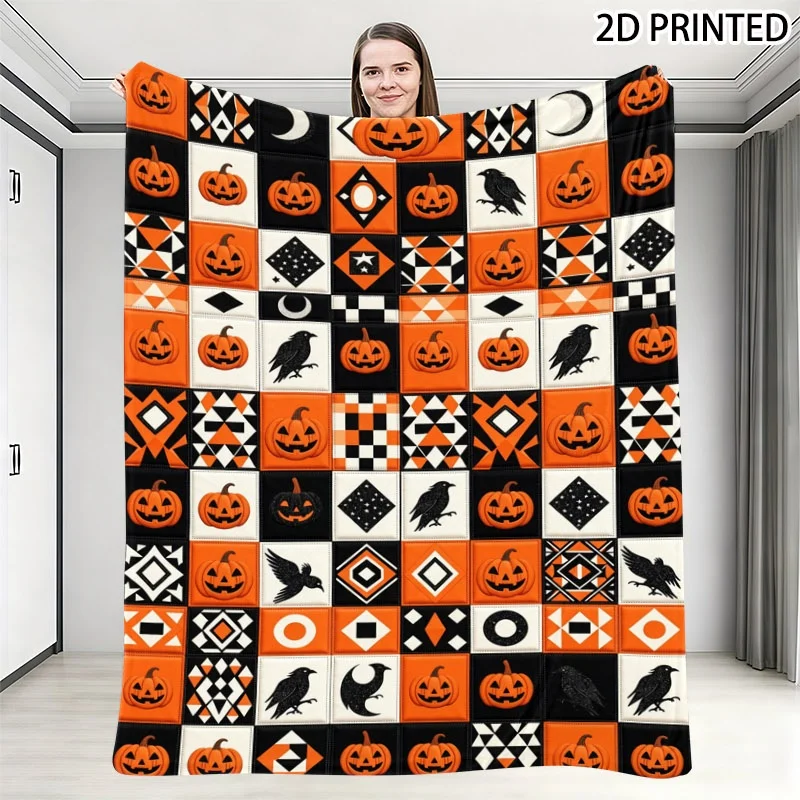 Halloween Themed Plaid Pattern Throw Blanket with Jack-o'-Lantern, Raven & Spooky Geometric Prints in Black White Orange, Multip