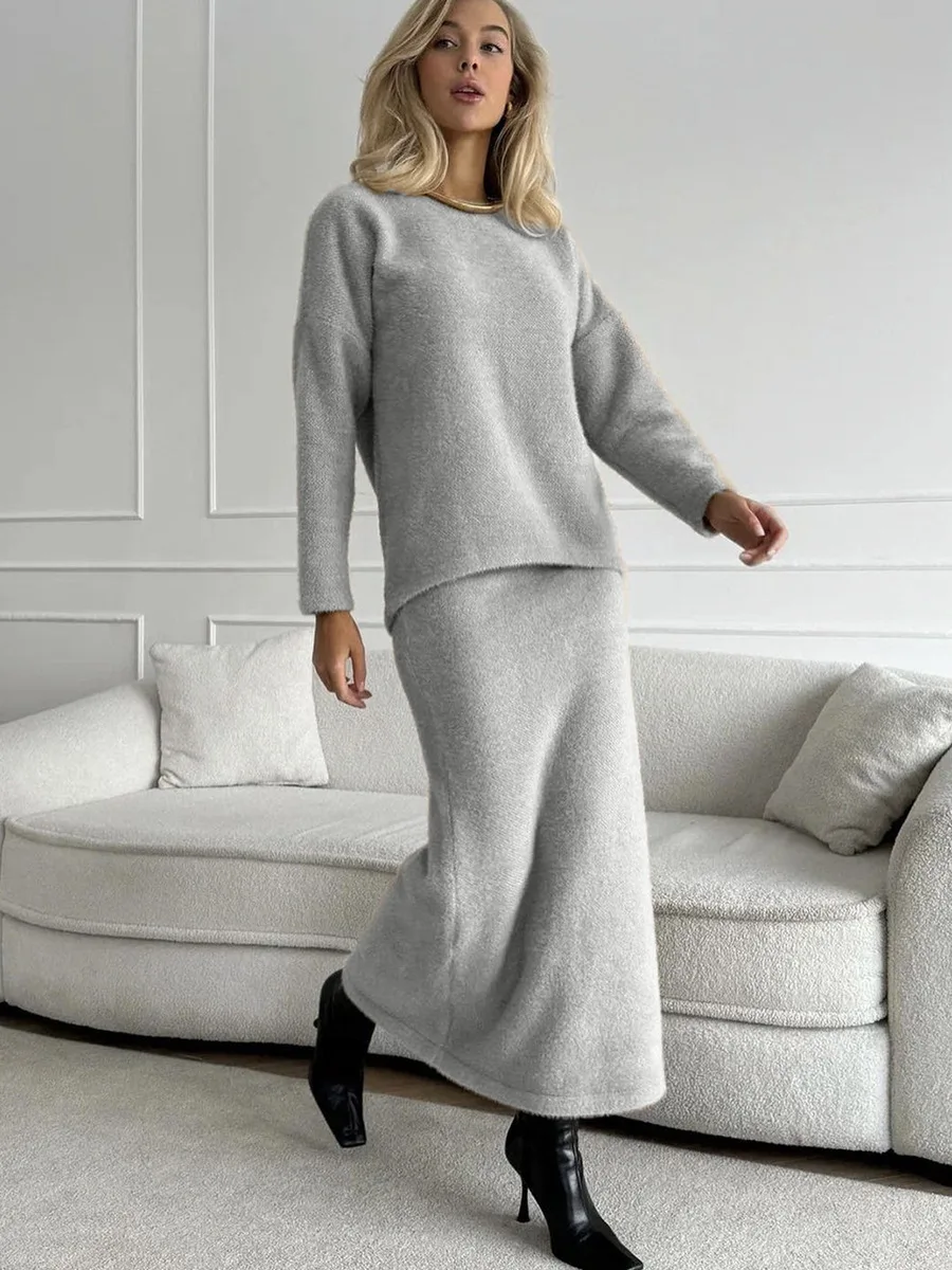 

Элегантный комплект трикотажной юбки, комплект из 2 предметов, повседневный пуловер с круглым вырезом, свитер и длинная юбка-русалка, женские осенне-зимние костюмы, наряд