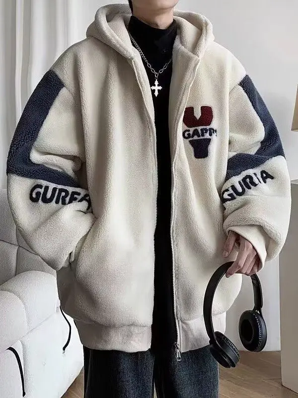 

Teenage Lamb Fur Jaet Men's Winter Thiened Hooded Faionable Warm Cotton Clothes Youth ular Loose Fit Long Sve Zipper