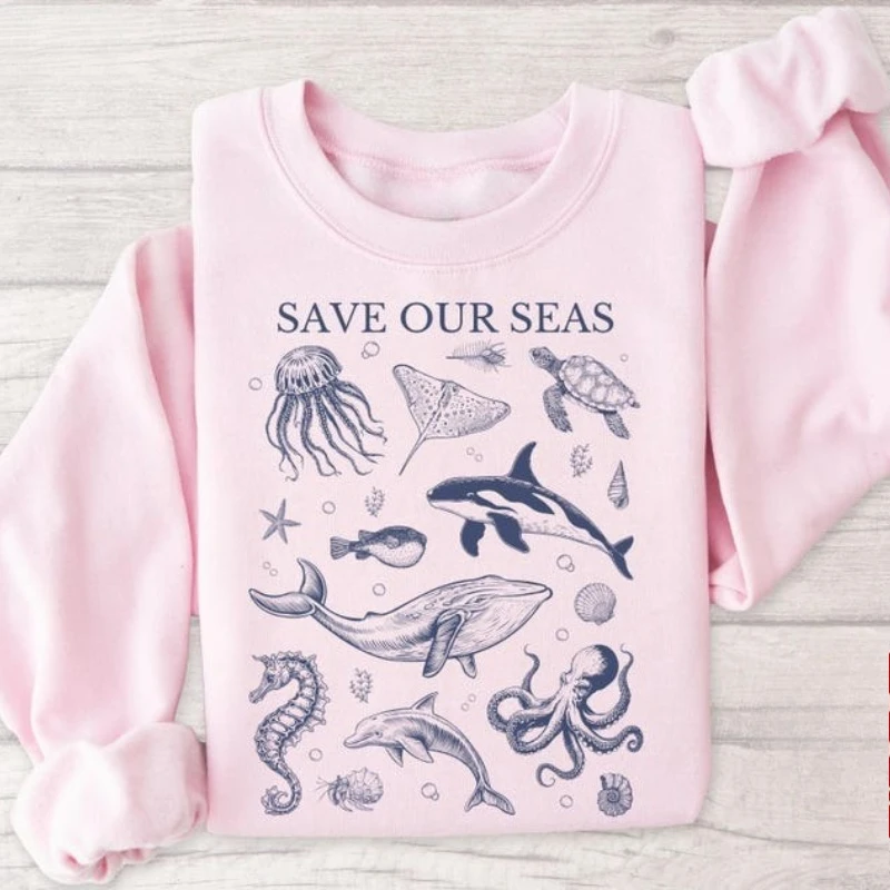 Bluza Save Our Seas, Koszulka Ocean Life, Bluza z kapturem plażowa, Estetyczna bluza, Bluza Summer Vibes, Bluza z motywem zwierząt morskich