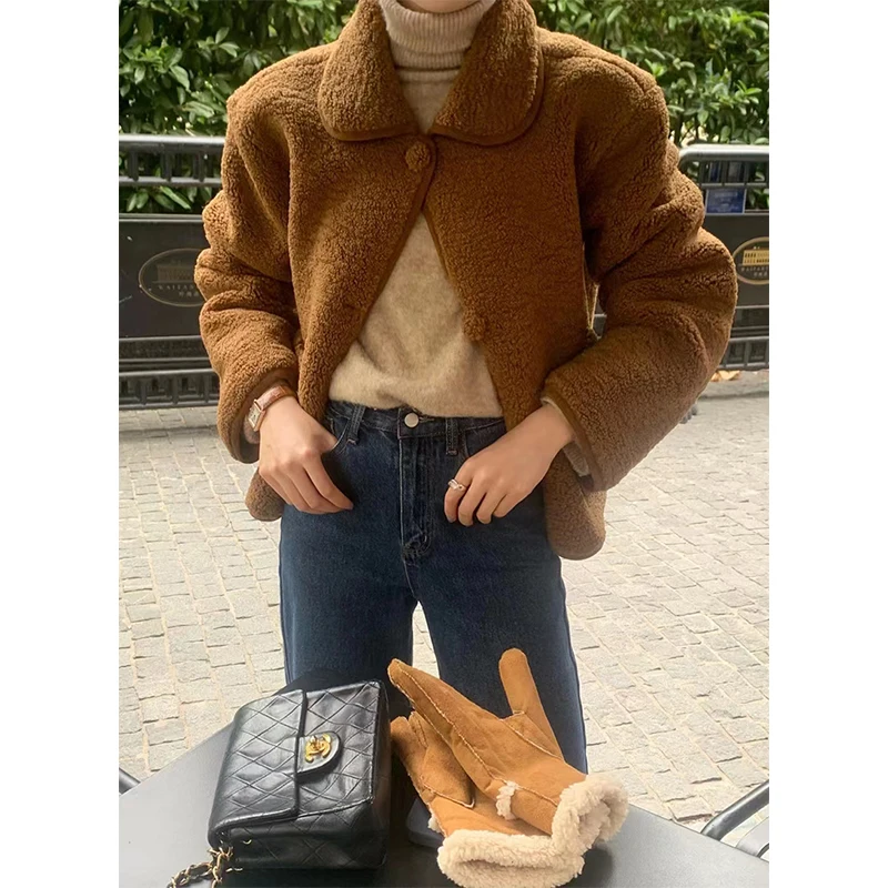 MEXZT Vintage Płaszcz z Wełny Jagnięcej Damski Krótki Kieszenie Puszysta Kurtka Zimowa Streetwear Koreański Długi Rękaw Futrzana Krótka Odzież Wierzchnia Nowa