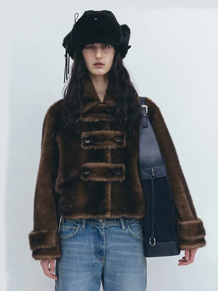 Casual Fur Coat Women's ort Plu Button up Collar Vintage Sle Artificial Hair Warmth Long Sve Stand Fit Straight Hem