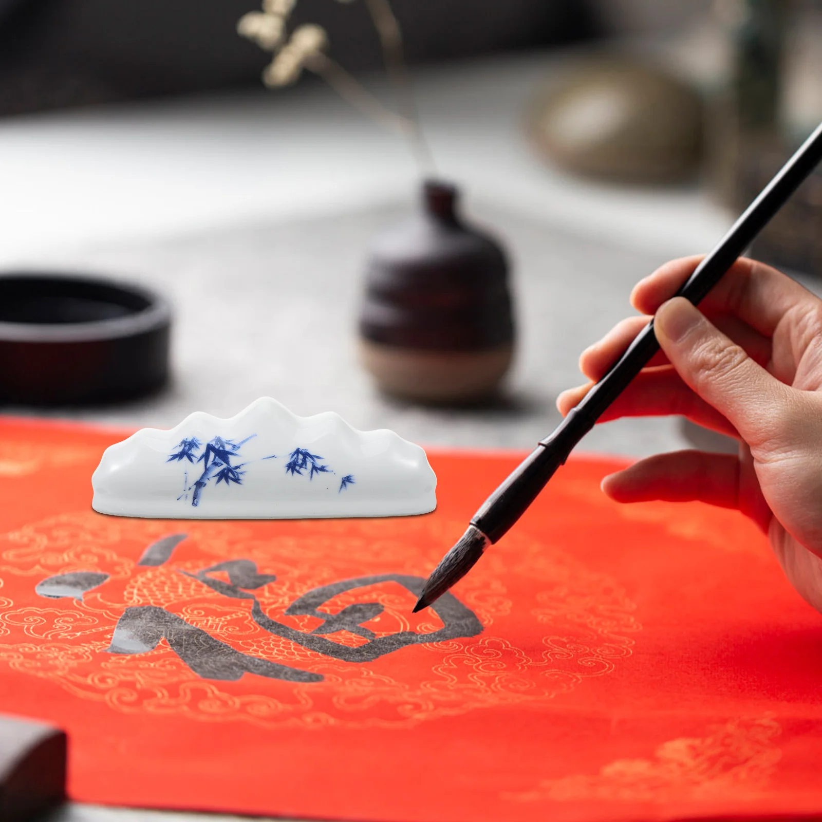 

Durable Ceramic Calligraphy Brush Pen Holder Chinese Style Brush Rest Ink Pen Stand Desk Ornament Study Room Ornament