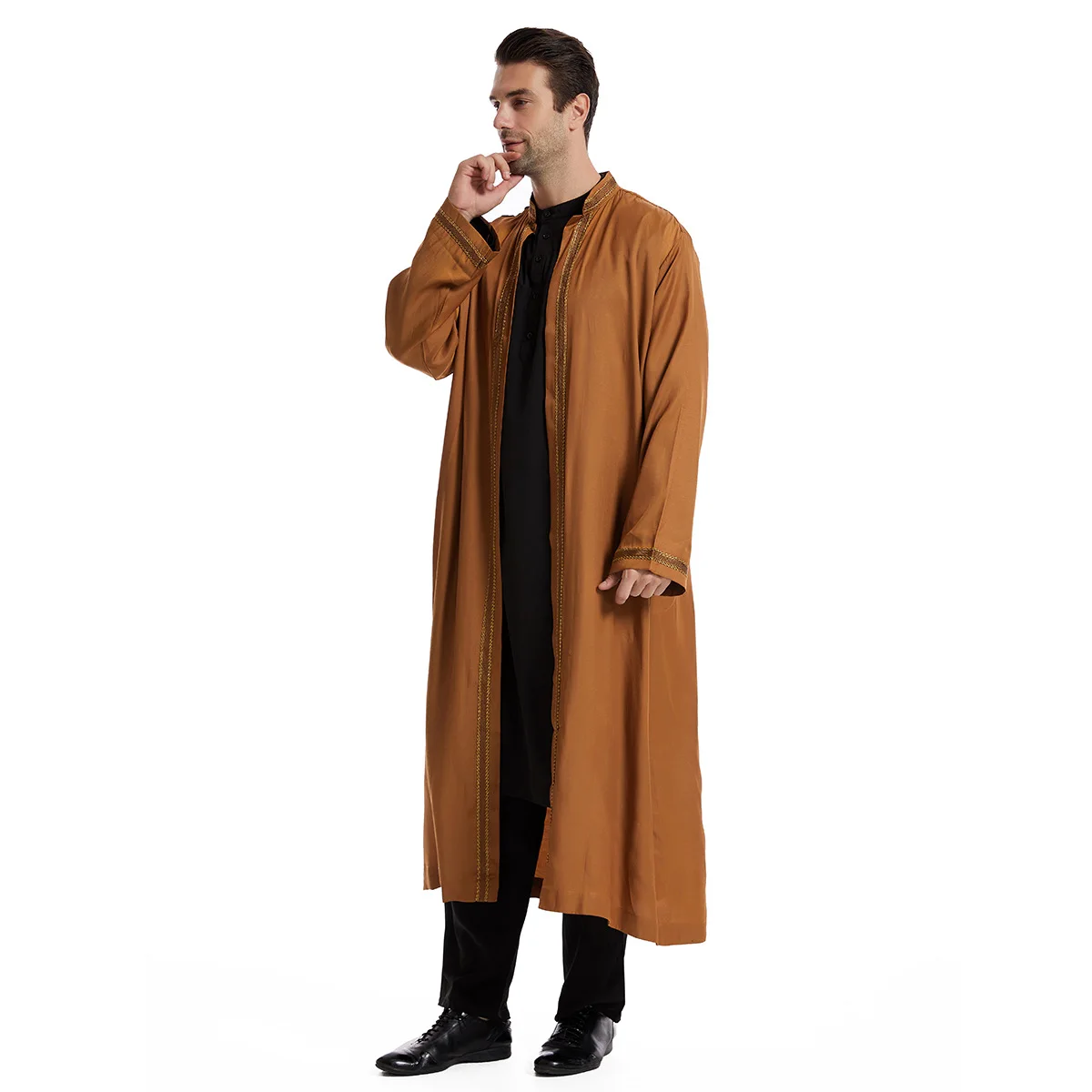 Manto longo listrado para homens, trajes árabes, roupas islâmicas, roupas muçulmanas, kaftan marroquino, túnica casual, vestimenta do Oriente Médio,