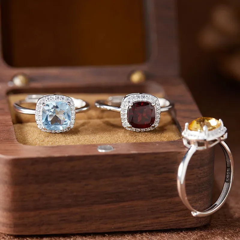 S925 sterling silver sugar cube Princess Diana natural colored treasure ring citrine amethyst topaz ring set wholesale
