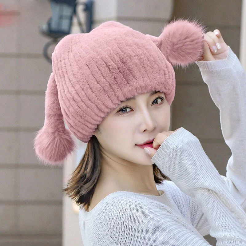 

Women's Winter Warm Hat Real Rex Rabbit Hair Thickened Plush Casual Knitted Hat Fashion Outdoor WIndproof Ear Protection Hat