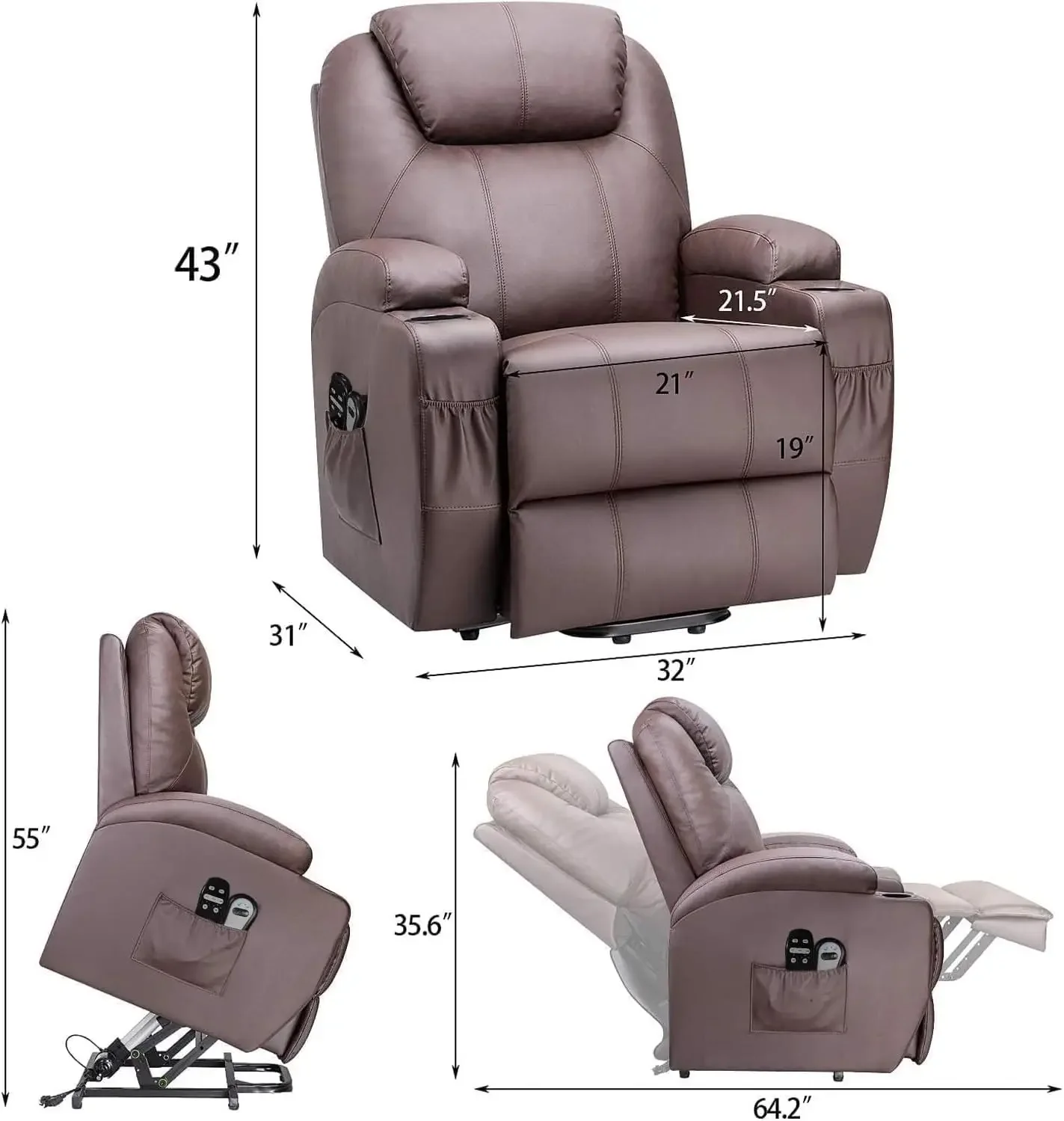 Power Lift Recliner Chair PU Leather with Massage for Elderly Ergonomic Lounge Chair Classic Single Sofa (Leather, Brown)