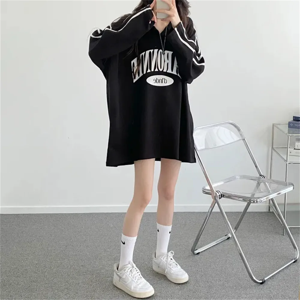 Women Long Sleeve Loose Slimming Polo Neck Top Spring 2024 Retro Chic Autumn Cotton Fashion Letters Print Hoodie Tshirt Clothing