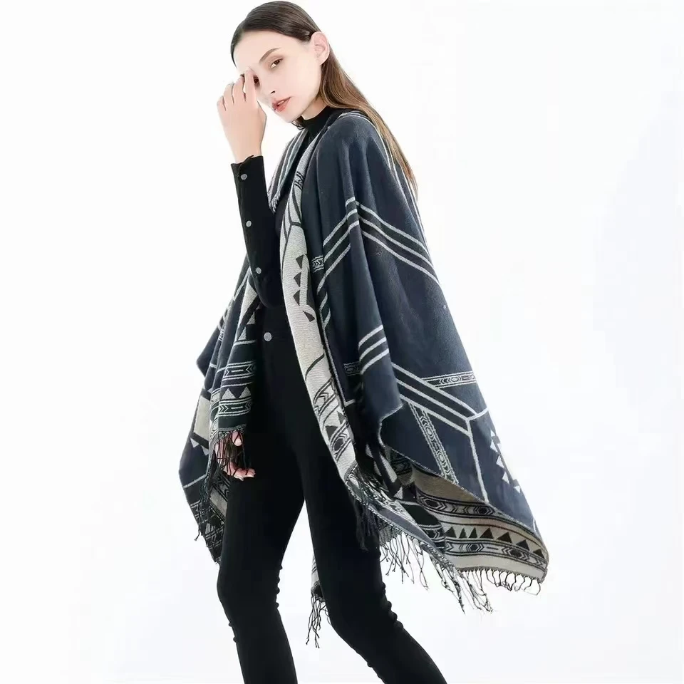 Capa de estilo indio nepalés para mujer, chal dividido con borlas geométricas, aire acondicionado cálido, Poncho negro y caqui,