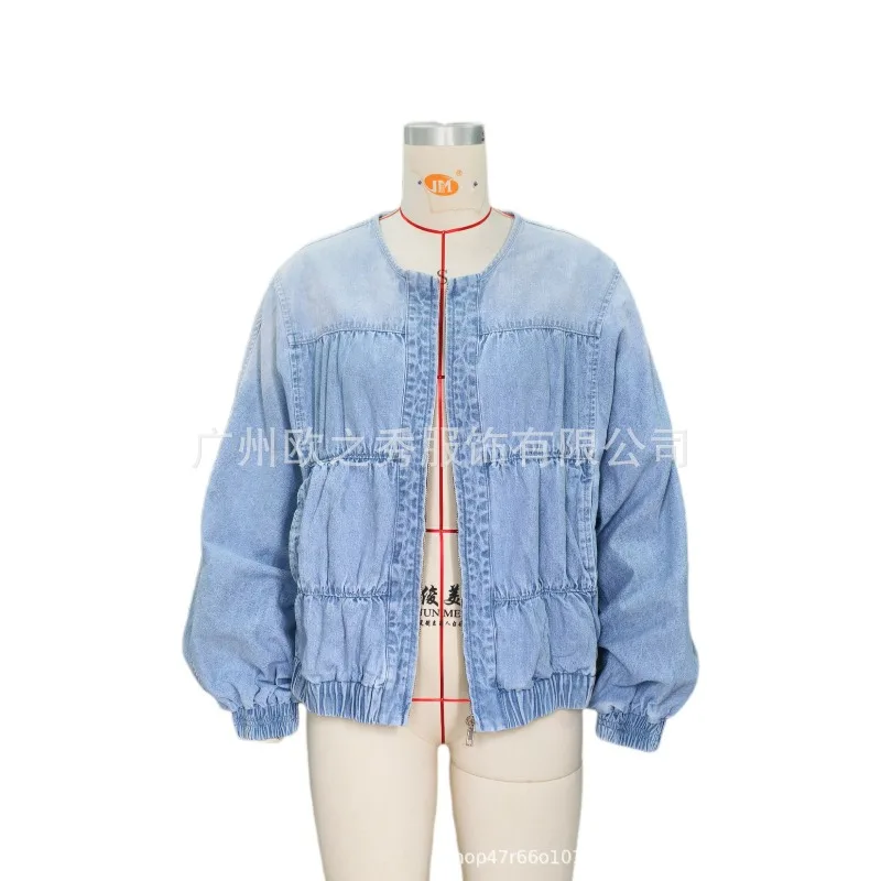 Women's Autumn Spring Top Coat Denim Round Neck Zipper Simple Comfortable Casual Design Fashion Advanced Niche Versatile Skinny