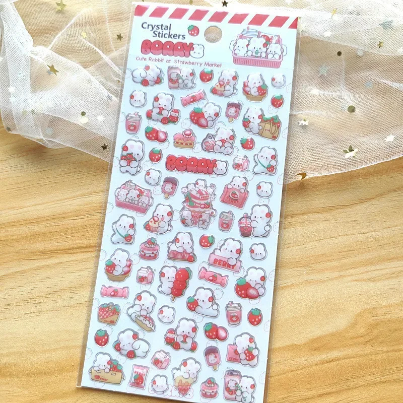 4 قطع من ملصقات الديكور الكرتونية للأطفال على شكل أرنب الفراولة الوردية اللطيفة من إيبوكسي كريستال - متجر عوالم الرسوم المتحركة اللامع المثالي