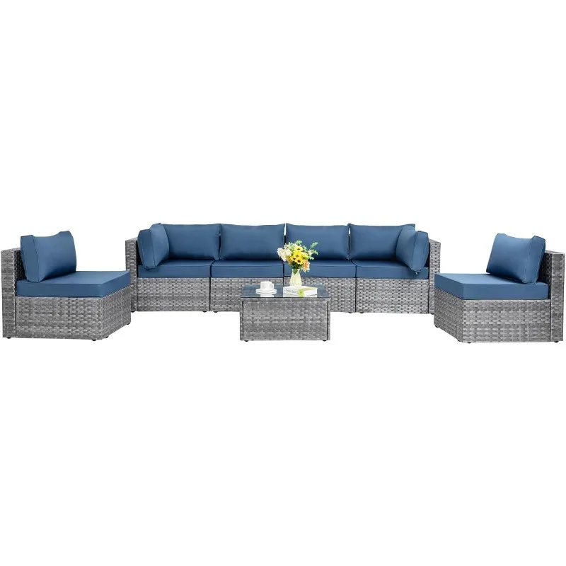 7 Pieces Outdoor Patio Sectional Sofa Silver Grey PE Wicker Furniture Reception Set for Garden Poolside Backyard Aegean Blue