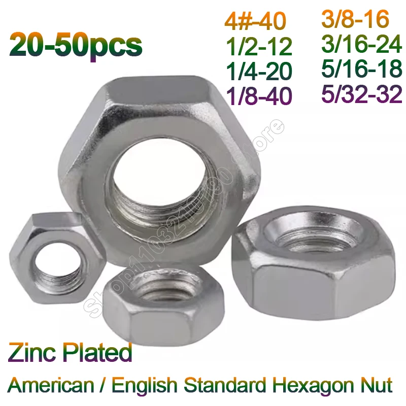 

1-50Pc Inch Hexagon Nut for 4#-40 1/2 1/4 1/8 3/8 3/16 5/16 5/32 Carbon Steel Inch Hexagonal Nut American Standard Hex Nut Screw