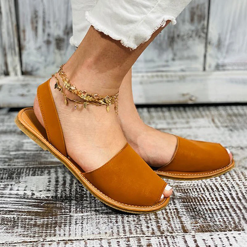 Faux Leather Peep-toe Sandals For Women Fish Mouth PU Shoes Summer Beach Flat Heel Shoes 2023 New Ladies Flats Slippers