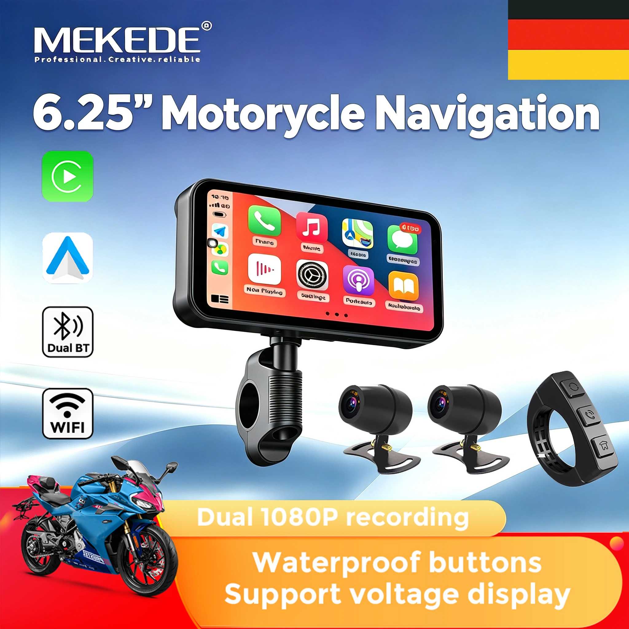 MEKEDE Disponibile in Germania, Schermo da 6,25 Pollici per Moto con Carplay, DVR 1080P, Registratore di Guida, Monitor Portatile, Navigazione GPS per Moto, Carplay Wireless, Android Auto, Schermo