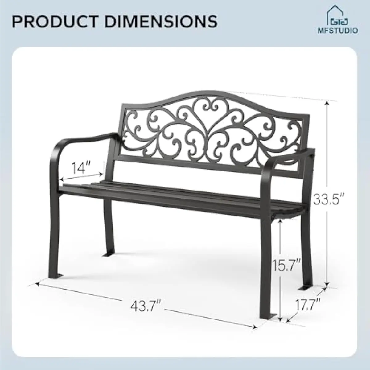 43.7 Inch Wrought Iron Garden Bench with Vine-Inspired Backrest and Curved Armrests for Patio Balcony or Lawn Use – Sturdy Black