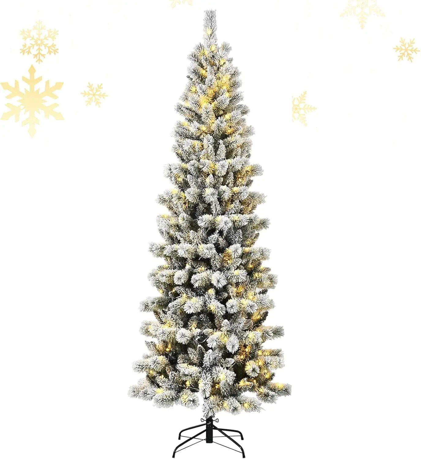 

8FT Pre-lit Snow Flocked Christmas Pine Tree Hinged Artificial Xmas Tree with 350 LED Lights, 795 Branch Tips, Foldable