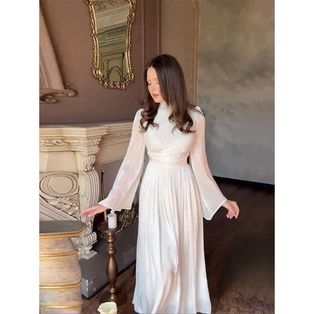 French Luxury Folds Wedding Formal Occasion Dresses For Women\'s Stand Long Sleeve Chic A-Line Pleated Shine Robe Clothes Holiday